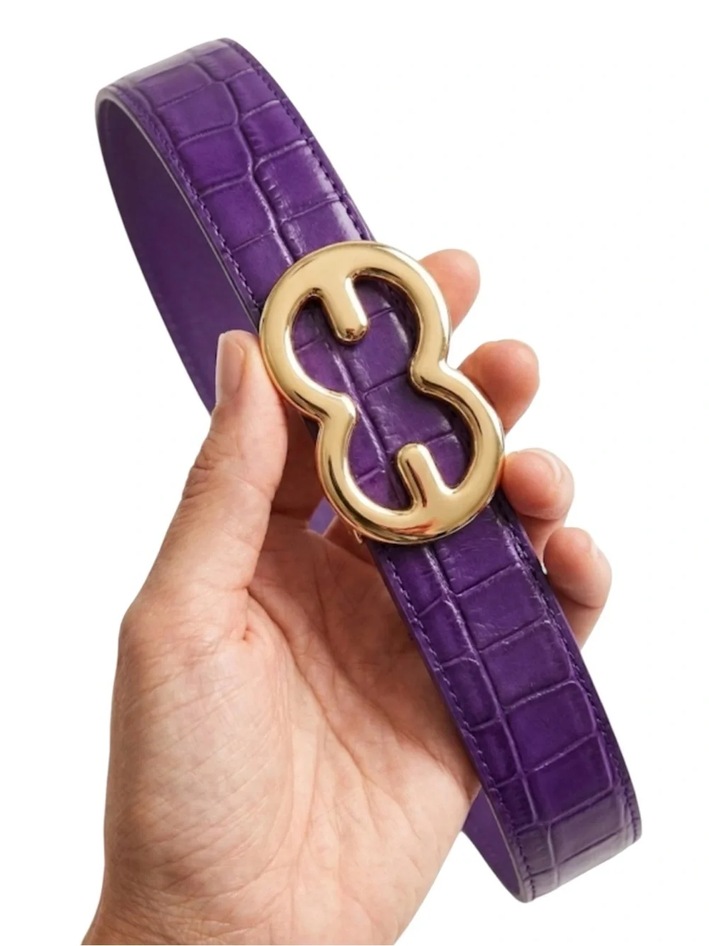 ESCADA Vintage Croc Leather Belt Purple Gold EE Logo Buckle Made in Italy 42 Z